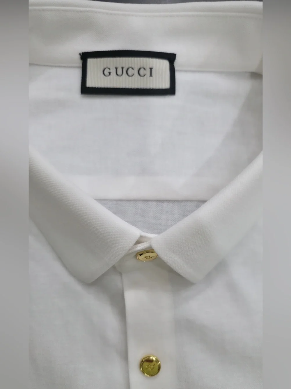 Gucci White Short Sleeve Button-Down Shirt with Gold Buttons and Logo
